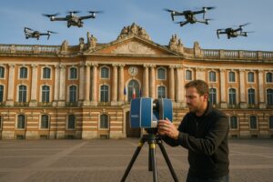 Géomètre-expert effectuant un relevé 3D avec un scanner FARO pendant qu’une flotte de drones réalise un survol technique d’un bâtiment historique, illustrant les méthodes avancées de capture de données du Cabinet VAILLES.