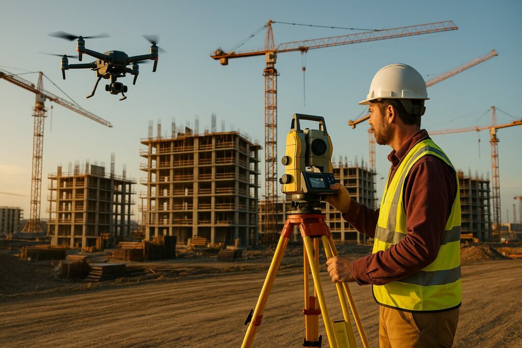 Géomètre-expert réalisant un relevé topographique sur chantier avec station totale et drone pour la modélisation 3D et le suivi de construction.