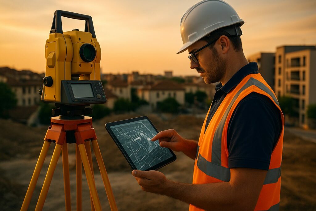 Géomètre-expert utilisant une station totale et une tablette numérique pour effectuer un levé topographique sur chantier au coucher du soleil.