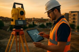 Géomètre-expert utilisant une station totale et une tablette numérique pour effectuer un levé topographique sur chantier au coucher du soleil.