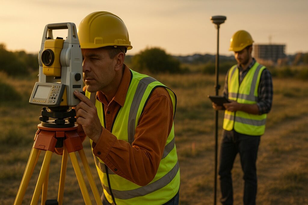Géomètre-expert du Cabinet VAILLES réalisant un relevé topographique à la station totale sur un terrain près de Muret, sous la lumière dorée de fin de journée.