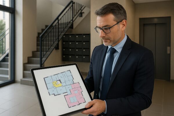 Géomètre-expert montrant sur une tablette le plan d’un immeuble avec la répartition des appartements et des parties communes
