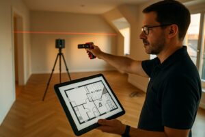 Géomètre-expert réalisant un relevé intérieur avec télémètre laser et plan numérique sur tablette pour établir un plan précis d’appartement.