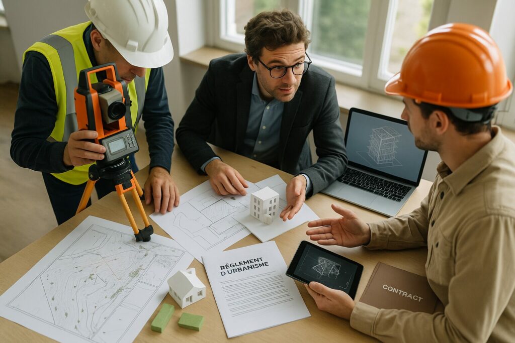 Réunion technique entre géomètre-expert, architecte et maître d’œuvre autour de plans, maquettes, règlement d’urbanisme et station totale pour un projet immobilier.