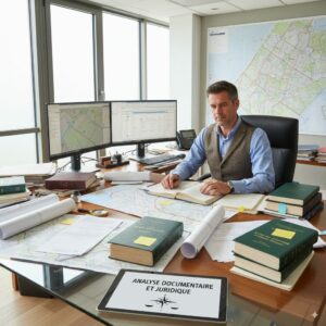 Géomètre-expert réalisant une analyse foncière et juridique avec cartes, plans cadastraux, documents d’urbanisme et ouvrages de droit immobilier.