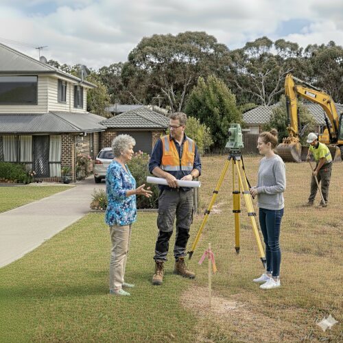 Géomètre-expert du Cabinet VAILLES réalisant un bornage avec une station totale, en concertation avec deux propriétaires dans un lotissement résidentiel, afin de définir les limites de propriété.