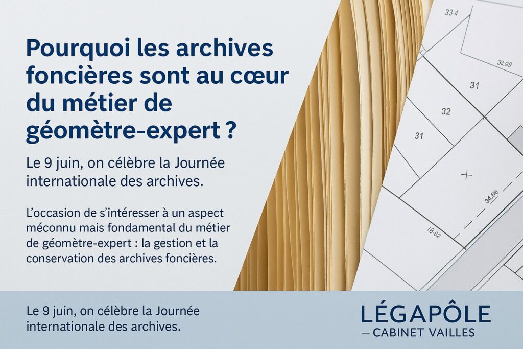 Visuel du Cabinet VAILLES sur l’importance des archives foncières dans le métier de géomètre-expert, avec documents cadastraux, dossiers papier et message dédié à la Journée internationale des archives.