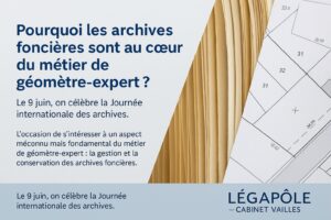 Visuel du Cabinet VAILLES sur l’importance des archives foncières dans le métier de géomètre-expert, avec documents cadastraux, dossiers papier et message dédié à la Journée internationale des archives.