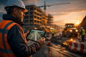 Géomètre-expert sur chantier VRD à MURET contrôlant l’implantation et la voirie avec tablette.