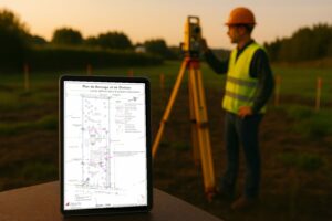 Plan de bornage et de division affiché sur tablette sur un terrain, avec un géomètre-expert opérant une station totale en arrière-plan.