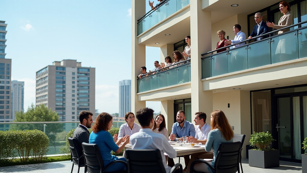Réunion de copropriétaires en extérieur, entourée de résidents aux balcons d’un immeuble moderne.