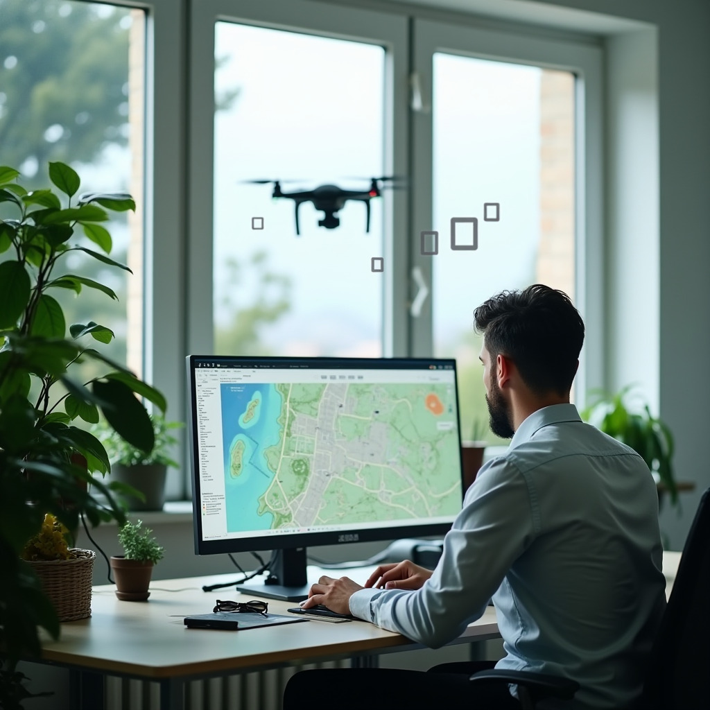 Géomètre-expert du Cabinet VAILLES analysant des données topographiques sur écran, avec un drone professionnel en vol pour les relevés aériens, la cartographie 3D et les missions foncières.