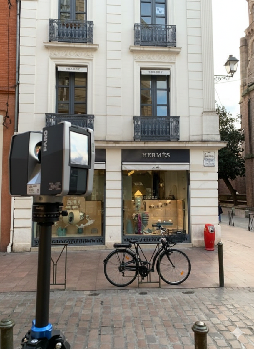 Scanner laser 3D Faro installé en rue devant la façade d’un bâtiment commercial pour un relevé urbain.