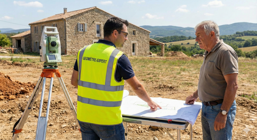 Un géomètre-expert présente à un propriétaire les plans d’un terrain lors d’une étude de bornage devant une maison en zone rurale.