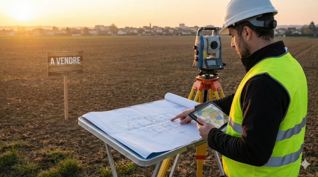 Géomètre-expert du Cabinet VAILLES analysant les plans et le zonage du certificat d'urbanisme sur tablette, devant un terrain à vendre à l'aube.