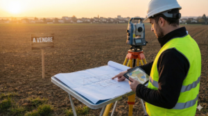 Géomètre-expert du Cabinet VAILLES analysant les plans et le zonage du certificat d'urbanisme sur tablette, devant un terrain à vendre à l'aube.