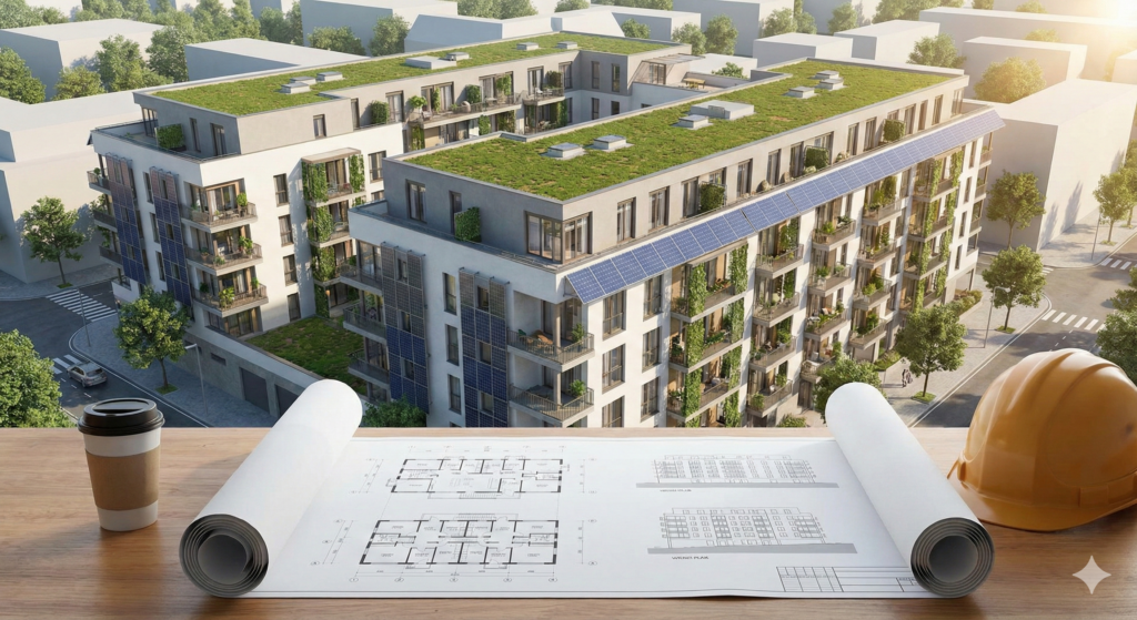 Plan d’architecte sur un bureau face à un immeuble moderne avec toitures végétalisées et panneaux solaires, symbole d’un projet immobilier durable.