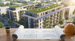 Plan d’architecte sur un bureau face à un immeuble moderne avec toitures végétalisées et panneaux solaires, symbole d’un projet immobilier durable.