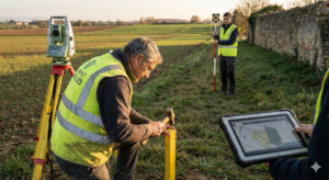 Photographie documentaire d'un géomètre-expert du Cabinet VAILLES en pleine opération de bornage, implantant une borne de limite de propriété avec une station totale Leica en arrière-plan, au coucher du soleil en Haute-Garonne.