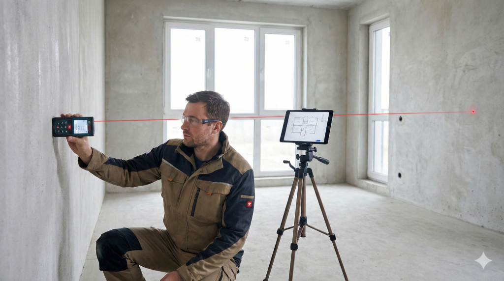 Géomètre-expert réalisant une mesure de précision avec un télémètre laser et une tablette dans un appartement vide en chantier.