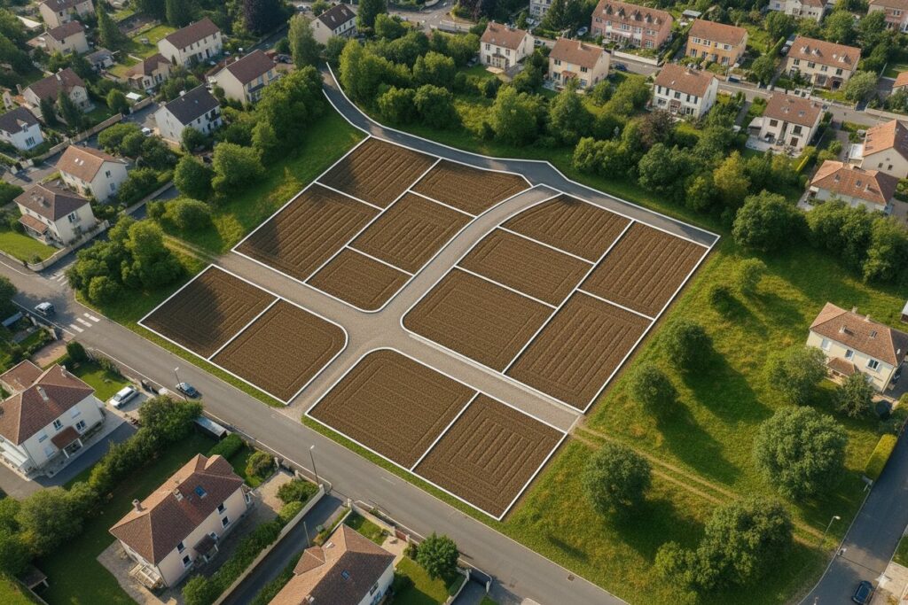 Vue aérienne d’un projet de lotissement découpé en parcelles délimitées, réalisé par un géomètre-expert du Cabinet VAILLES pour une opération de division foncière.