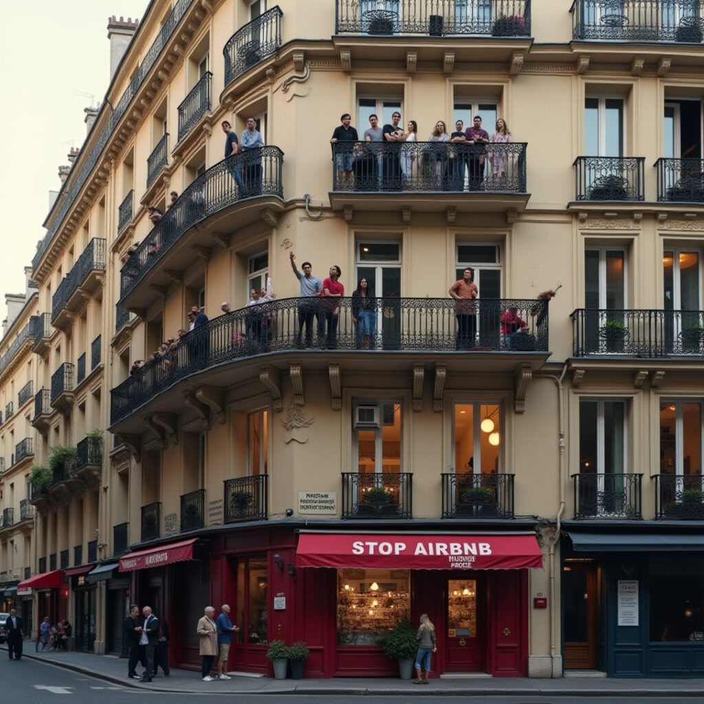 Résidents d’un immeuble en copropriété rassemblés sur leurs balcons pour exprimer leurs préoccupations concernant l’usage des logements et la réglementation interne, illustrant les enjeux juridiques et fonciers gérés par un géomètre-expert