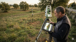 Géomètre-expert du Cabinet VAILLES sur un terrain en Haute-Garonne au crépuscule, analysant des données cadastrales et un nuage de points 3D sur une tablette durcie à côté d'une station totale Leica, dans le cadre d'une évaluation foncière.