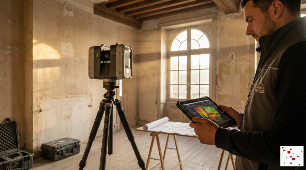 Géomètre-expert du Cabinet VAILLES utilisant un scanner 3D Leica à l'intérieur d'un immeuble ancien en rénovation pour réaliser les relevés nécessaires à l'État Descriptif de Division (EDD) et au règlement de copropriété. La scène est éclairée par la lumière naturelle.