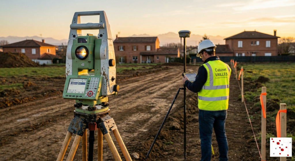 Photographie de terrain montrant un géomètre-expert utilisant une station totale robotisée Leica et un récepteur GNSS Trimble pour une opération de bornage précis à Muret, Haute-Garonne, au coucher du soleil.