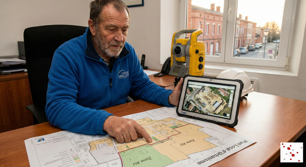Géomètre-expert du Cabinet VAILLES analysant une zone de préemption sur un Plan Local d'Urbanisme (PLU) et comparant avec un relevé topographique à Muret (31).
