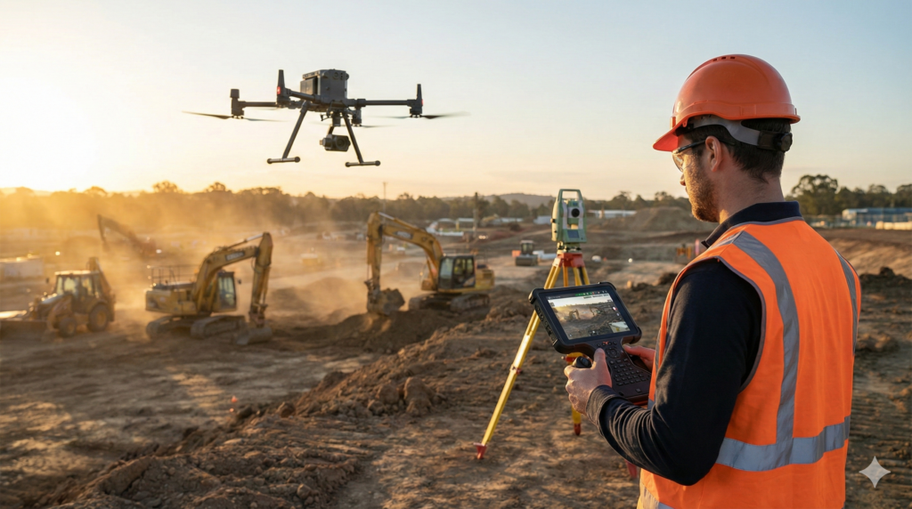 Géomètre-topographe sur un chantier de terrassement actif, pilotant un drone professionnel RTK via une tablette de contrôle robuste pour effectuer un relevé photogrammétrique au coucher du soleil