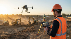 Géomètre-topographe sur un chantier de terrassement actif, pilotant un drone professionnel RTK via une tablette de contrôle robuste pour effectuer un relevé photogrammétrique au coucher du soleil