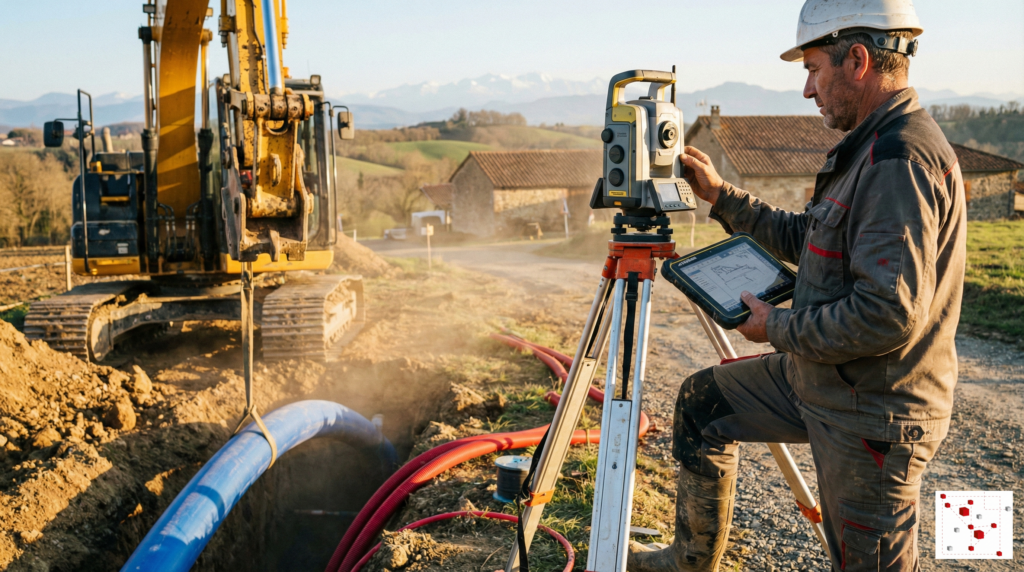 Géomètre-expert utilisant une station totale robotisée Trimble pour guider des travaux de pose de réseaux VRD et de terrassement sur un chantier en Haute-Garonne.