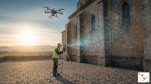 Géomètre utilisant une station totale et un drone pour un relevé 3D précis d'une église en Haute-Garonne.