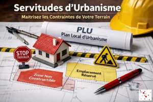 Photographie illustrant des documents d'urbanisme (PLU) avec des mentions \"Servitudes d'Urbanisme\", \"Zone Non Constructible\", \"Emplacement Réservé\" et un panneau \"STOP TRAVAUX\", symbolisant les contraintes foncières.
