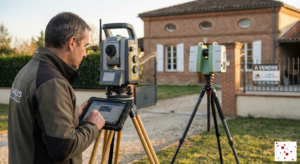 Photographie d'un géomètre-expert du Cabinet VAILLES utilisant une station totale robotisée et un scanner 3D pour certifier les surfaces d'une propriété à vendre en Haute-Garonne, illustrant la précision technique face à l'estimation commerciale.