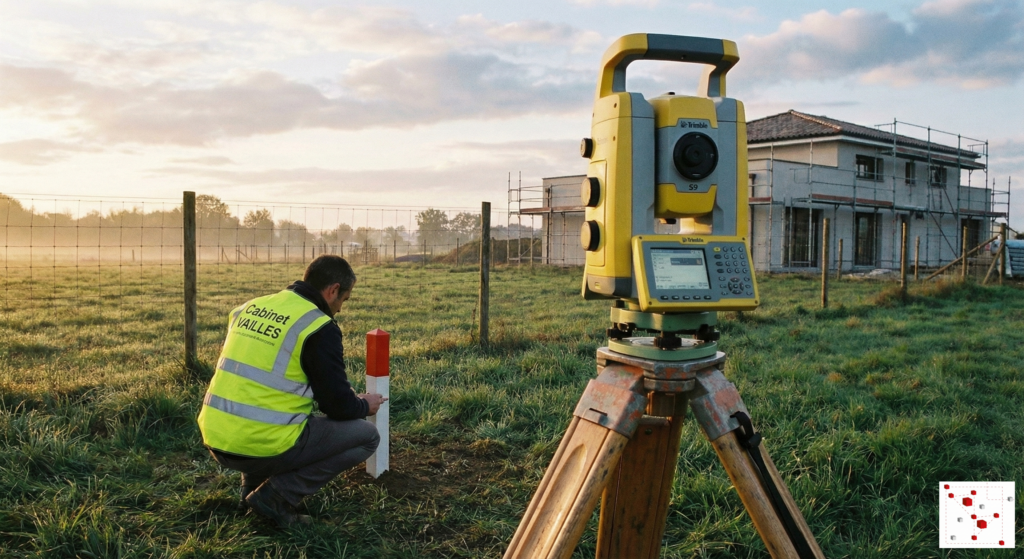 Un géomètre-expert du Cabinet VAILLES utilise une station totale robotisée Leica pour effectuer le bornage contradictoire d'un terrain entre deux propriétaires en Haute-Garonne.
