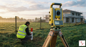 Un géomètre-expert du Cabinet VAILLES utilise une station totale robotisée Leica pour effectuer le bornage contradictoire d'un terrain entre deux propriétaires en Haute-Garonne.