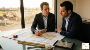 Deux professionnels, dont un géomètre-expert, examinent un plan de masse pour un projet de lotissement ("Accès central et réseaux") sur une table en verre. Outils de mesure et tablette visibles, avec un chantier de terrassement en arrière-plan au coucher du soleil.