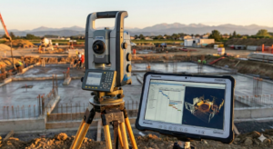 Un Géomètre-Expert du Cabinet VAILLES supervise un chantier en Haute-Garonne à l'aide d'une station totale robotisée Trimble et d'un planning de suivi financier.