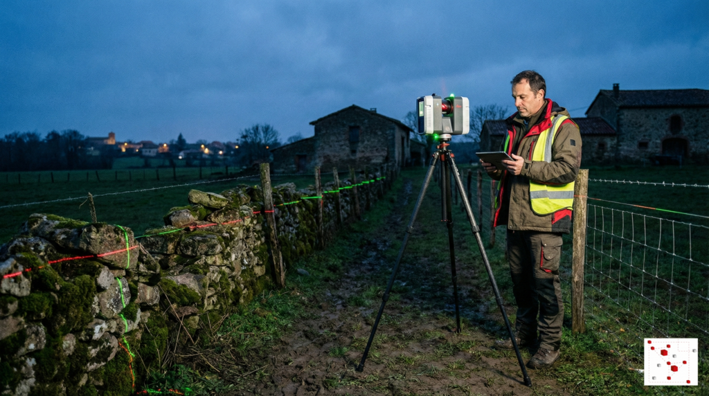 Géomètre expert utilisant un scanner laser 3D au crépuscule pour mesurer précisément une limite de propriété disputée (mur et clôture) entre deux terrains en Haute-Garonne.