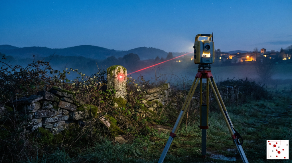 Station totale robotisée de géomètre-expert projetant un laser rouge pour définir une limite de propriété précise au crépuscule en Haute-Garonne.