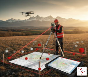 Géomètre-expert du Cabinet VAILLES utilisant une station totale et un drone pour une division parcellaire à Muret.